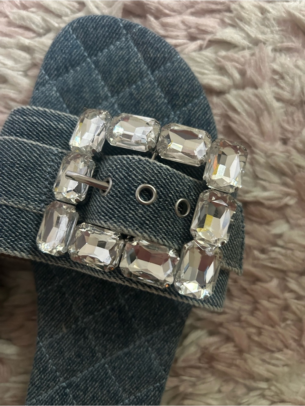 Steve Madden Denim Slide Sandals with Crystal Buckle - Dark Blue - Picture 2 of 4